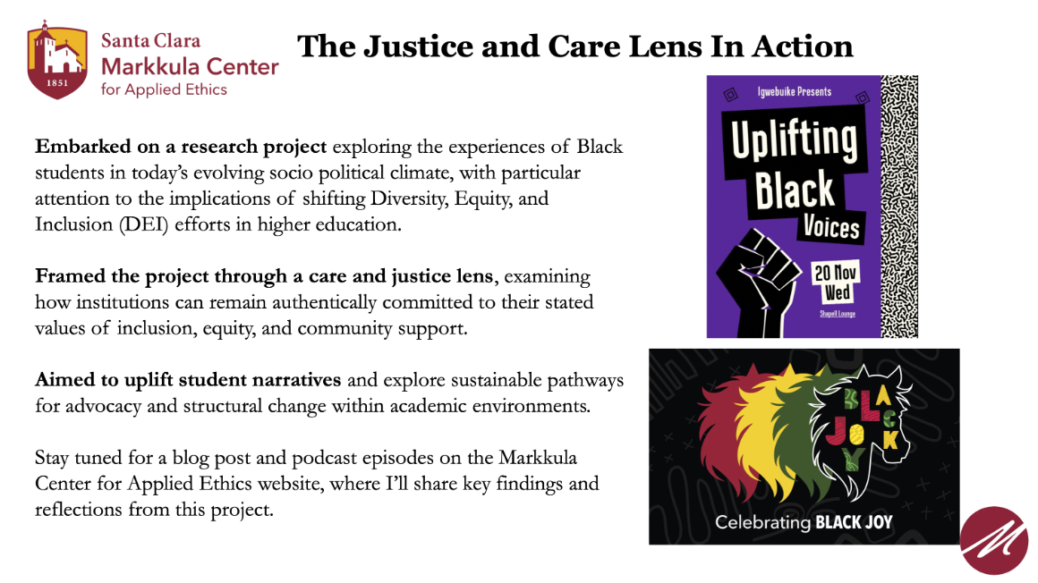 A slide showing a research project exploring the experiences of Black students in today's evolving socio-political climate.