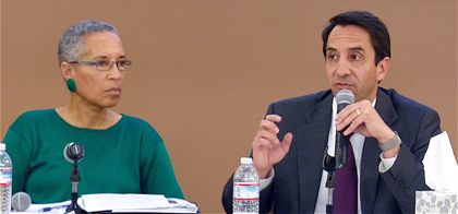 LaDorris Cordell, San Jose independent police auditor, and Jeff Rosen, Santa Clara County district attorney, speaks at a panel discussion on race and justice.
