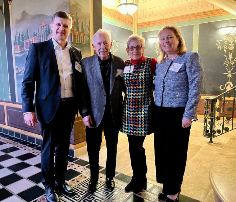 Aalto University President Ilkka Niemelä, Mike Markkula, former CEO of Apple, Santa Clara University President Julie Sullivan, and Kristi Bowers ’90, Co-Founder and CEO of Grape.ag, SCU Trustee, and Ethics Center Advisory Board member pose for a photo at the Biggest Hopes and Challenges of AI event hosted by the Markkula Family, the Markkula Center for Applied Ethics, Aalto University and SCU. T