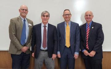 From left to right: Ethics Center Director of Religious and Catholic Ethics David DeCosse, Judge Jeremy Fogel, School of Law Professor Brad Joondeph, and School of Law Dean Michael Kaufman