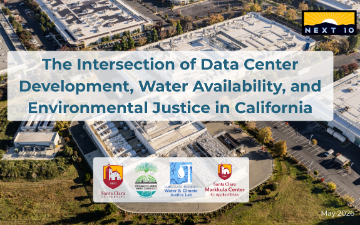 An aerial view of a large data center overlaid with the words The Intersection of Data Center Development, Water Availability, and Environmental Justice In California.Logos for Santa Clara University and supporting departments are present.