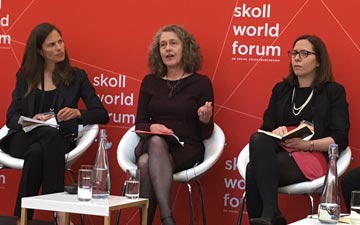 Sally Lehrman (middle) speaks at the Skoll World Forum