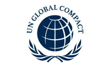 A rendering of a blue globe with white vertical and horizontal lines. The words UN Global Compact form an arch above the top of the globe.