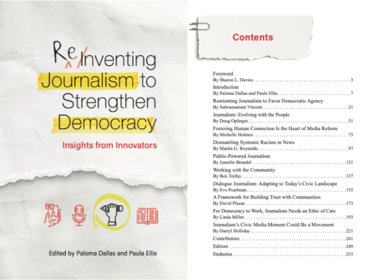 The cover and table of contents of Reinventing Journalism to Strengthen Democracy, edited by Paloma Dallas and Paula Ellis.