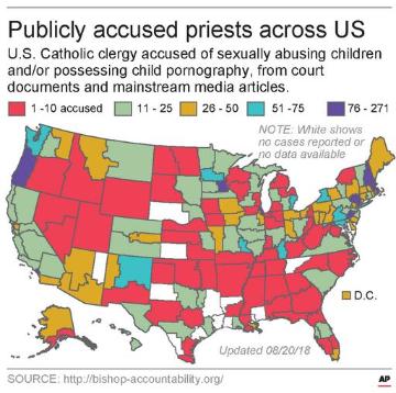 Map showing publicly accused priests across the United States