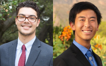 Two men in suits smiling, titled 'Hackworth Fellows Win Fulbrights'.