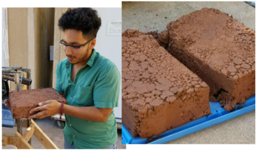 Compressed clay brick immediately after retrieval and upon being laid down to dry. Notice that the edges of the bricks crumbled quickly after being carefully placed down, showing that these bricks were not compressed enough by our prototype. 