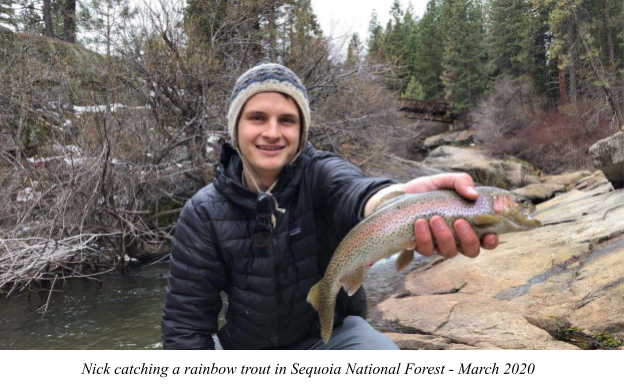Nick Rogers catching a rainbow trout at Sequoia National Forest March 2020