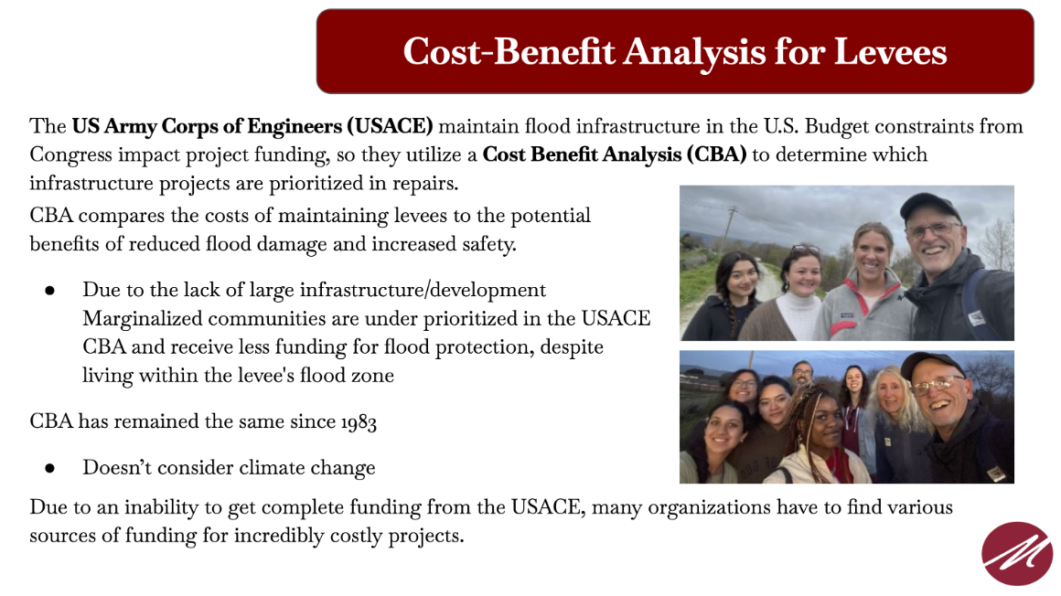 A slide that outlines a cost-benefit analysis for levees and the role of the US Army Corps of Engineers