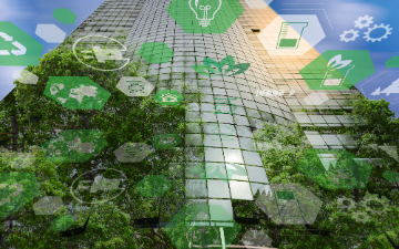 Skyscraper building overlayed with environmental symbols and green trees.