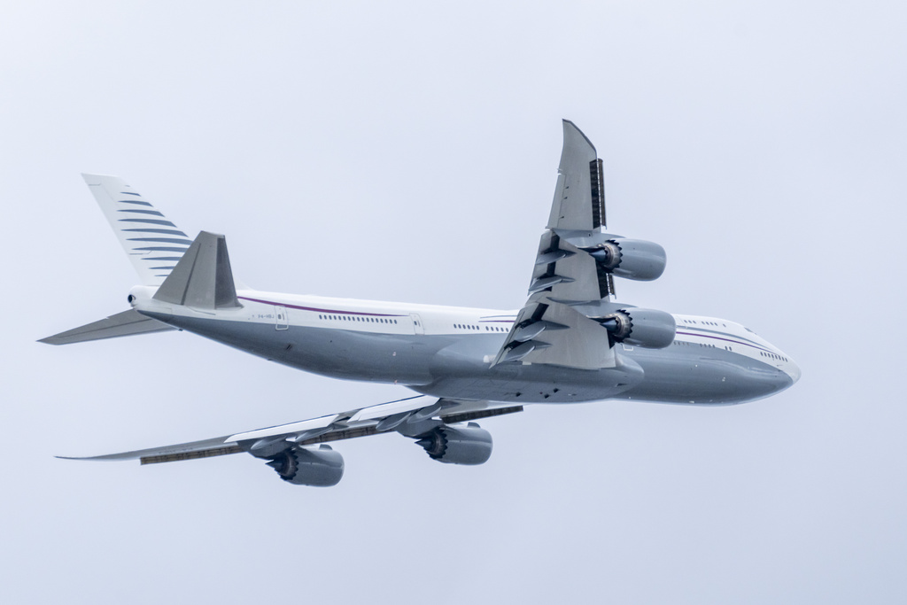 A 13-year-old private Boeing aircraft that President Donald Trump toured to check out new hardware and technology features, and highlight the aircraft maker's delay in delivering updated versions of the Air Force One presidential aircraft, takes off from Palm Beach International Airport, Feb. 16, 2025, in West Palm Beach, Fla. (AP Photo/Ben Curtis, File)