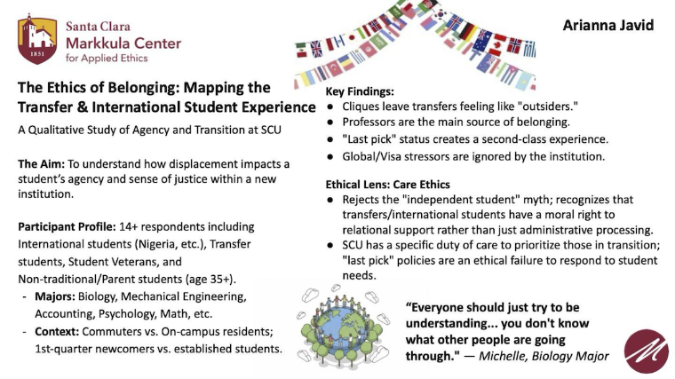 Summary of inquiry about the transfer and international student experience at SCU by Arianna Javid, a 2025-26 Hackworth Fellow at the Markkula Center for Applied Ethics. 