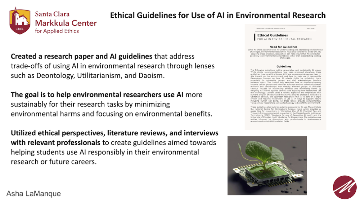 Summary of research conducted by Asha LaManque about Ethical Guidelines for Use of AI in Environmental Research.