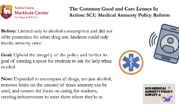 A slide discussing a project that engaged in SCU medical amnesty policy reform to protect students.