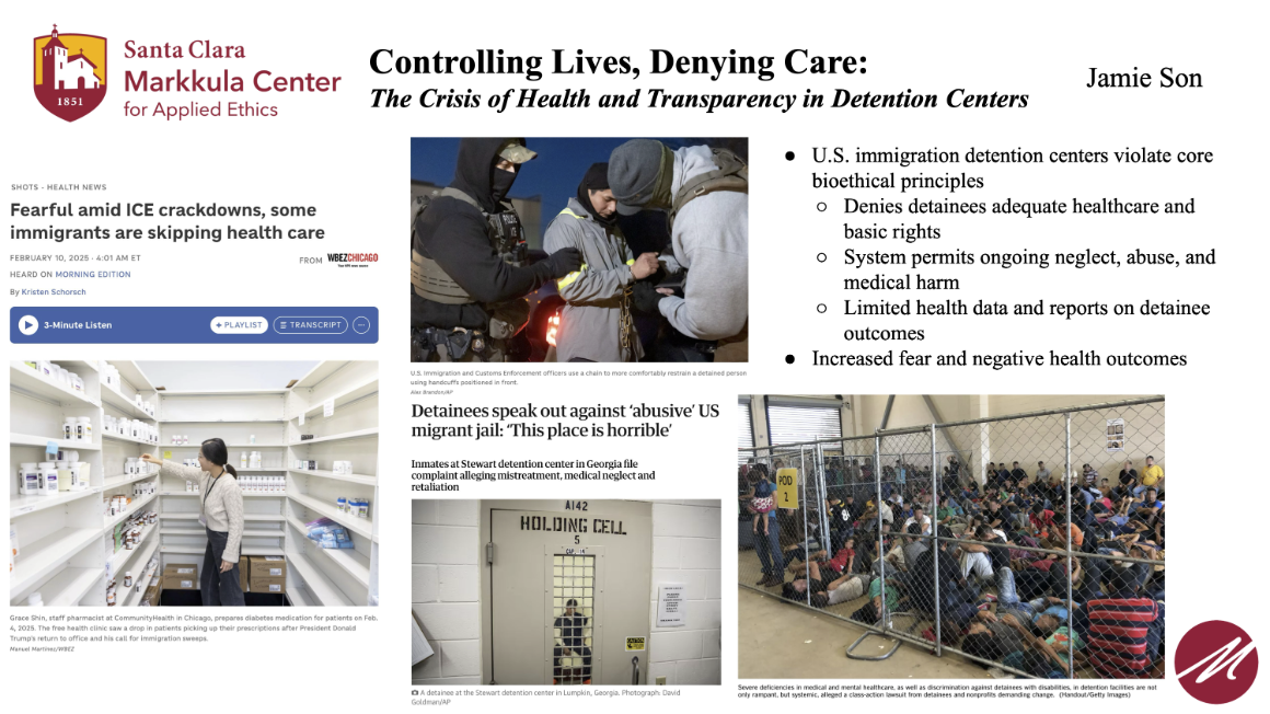 A slide explaining the crisis of health and transparency in detention centers and how they violate core bioethical principles