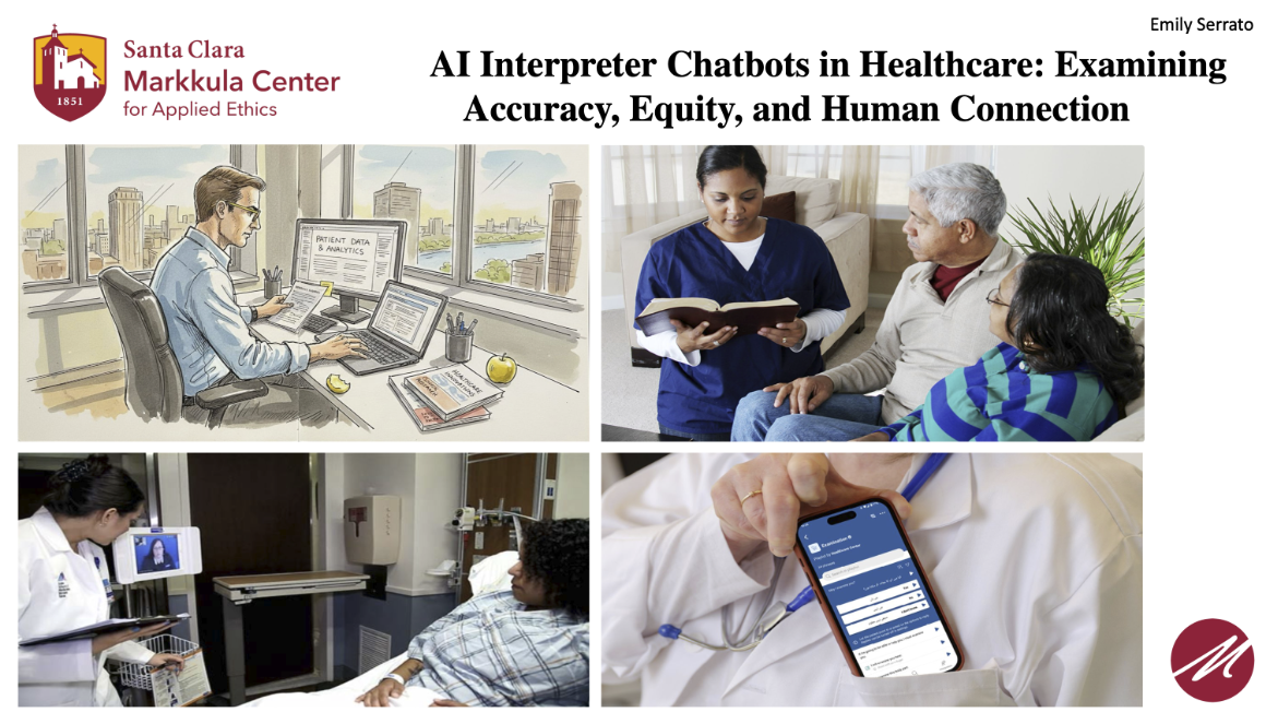 Four images of health care professionals using technology in their work and with patients. AI Interpreter Chatbots in Healthcare: Examining Accuracy, Equity, and Human Connection. Summary of research by Emily Serrato. 