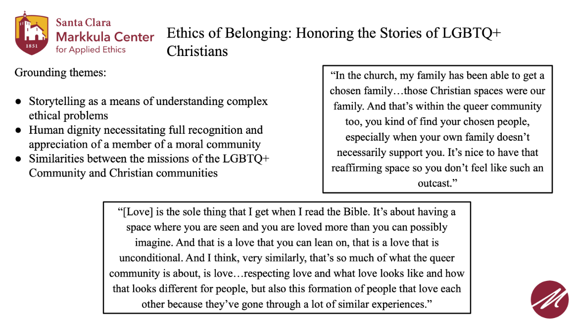 A slide with a description of the main points of the project honoring LGBTQ+ Christians, contains quotes on this theme.