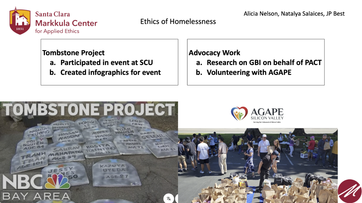 A slide outlining the events such as the Tombstone Project and advocacy work with AGAPE.