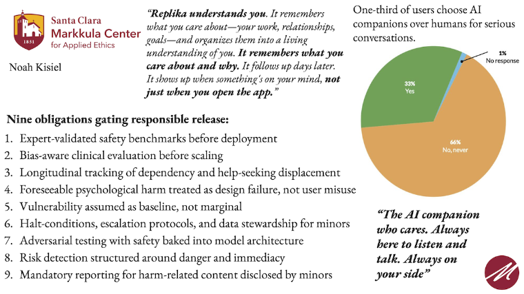 Nine obligations gating responsible release of companion AIs. A summary of inquiry by Noah Kisiel, a 2025-26 Hackworth Fellow at the Markkula Center for Applied Ethics. 