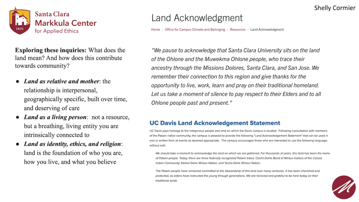 Summary of findings about ethics and land acknowledgement statements by Shelly Cormier, a 2025-26 Hackworth Fellow with Markkula Center for Applied Ethics.
