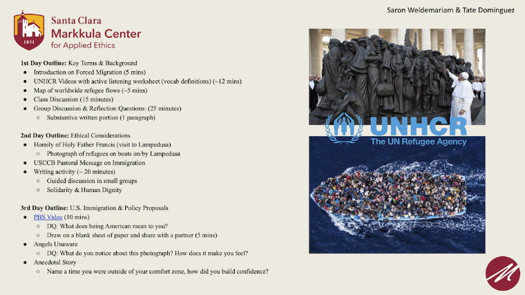 Summary of presentation by Saron Weldemariam & Tate Dominguez outlining a 3-day lesson plan for Middle School Curriculum on the topic of Forced Migration 