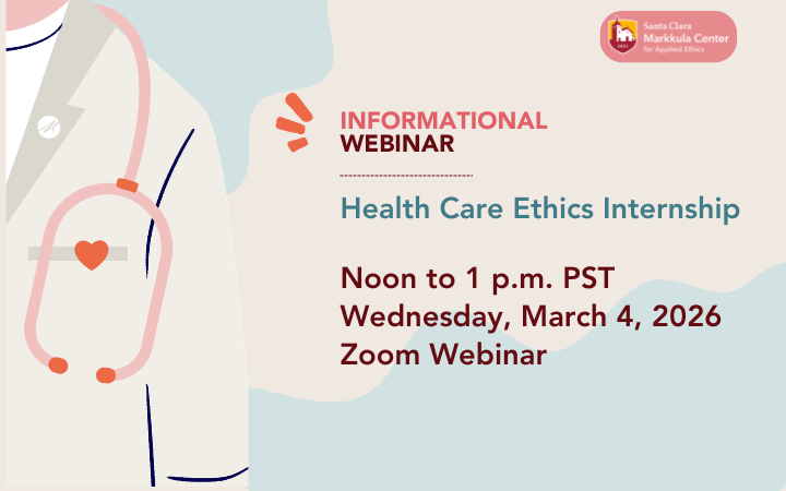 Person in lab coat. Announcement for Health Care Ethics Internship Informational Webinar on March 4 at Noon.