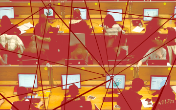 A computer lab with three rows of four desks, each occupied by students working at computers. Overlaying the computer lab are red lines connecting through nodes, symbolizing the flow of communication, data exchange, and interconnected networks -- cropped. Image by HannaBarakat -CambridgeDiversity FundDataLab Dialogue 