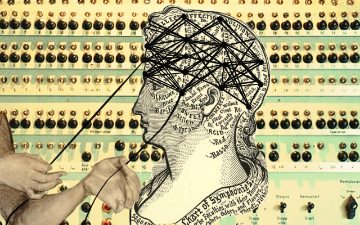 Profile of a statue head with threads attached to it and being pulled by hands, with a panel with knobs behind it. Hanna Barakat  & Cambridge Diversity Fund betterimagesofai. org cropped: Licenses by CCBy4.0