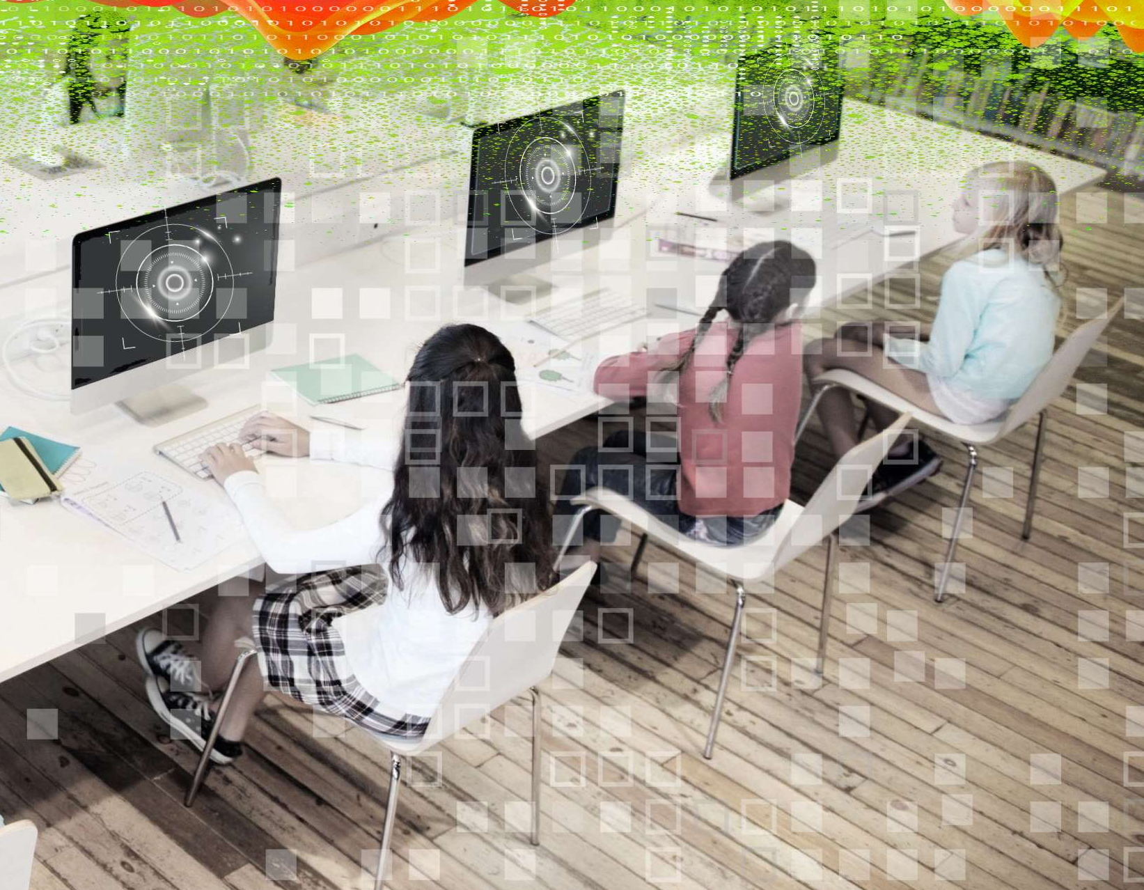 drawing at kids at computers with numbers overaly