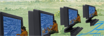 The image shows a surreal landscape with vast green fields extending toward distant mountains under a cloudy sky. Embedded in the fields are digital circuit patterns, resembling an intricate network of blue lines, representing a technological infrastructure. Five large computer monitors with keyboards are placed in a row, each with a Navajo woman sitting in front, weaving the computers. 