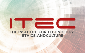 Institute for Technology, Ethics, and Culture Logo. Background:Technology Abstract cropped, faded, and inverted by kentoh_Adobe Stock image link to story