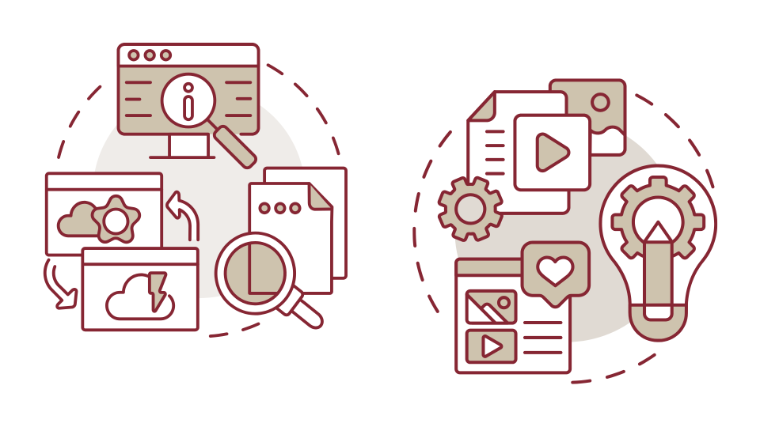 Collage of icons representing searching for resources including magifying glasses, lightbulbs, writing paper, pens, computers, and social media.