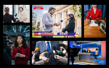 Collage showing reporters and journalists conducting interviews.