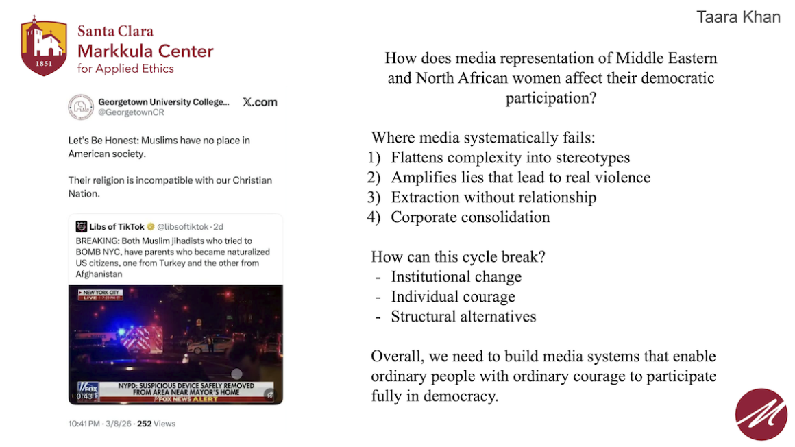 How does media representation of Middle Eastern and North African women affect their democratic participation? Summary of 2025-26 Hackworth Presentation by Taara Khan.