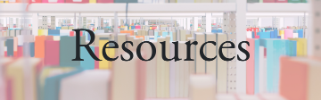 Image of library shelves filled with books overlaid with the word 'Resources'. 