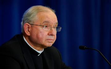 Archbishop Jose Gomez, of the Los Angeles diocese, attends a news conference at the Fall General Assembly meeting of the United States Conference of Catholic Bishops, Tuesday, Nov. 16, 2021, in Baltimore.(AP Photo/Julio Cortez)