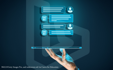 A hand holding a laptop computer projecting an image of a simulated chat conversation with a chat bot and the Bing search engine logo in the background. image link to story
