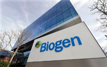 Front view of the Biogen building with logo prominently displayed. image link to story