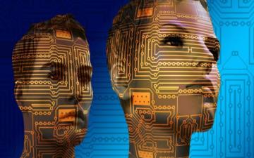 Two digital faces with circuit patterns on a blue background. image link to story