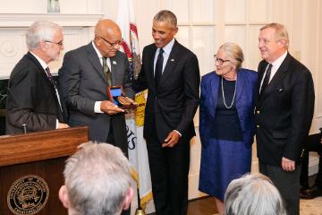 Former President Obama receives the Paul H. Douglas Award for Ethics in Government from the University of Illinois Institute of Government & Public Affairs. Photo credit:  L. Brian Stauffer.