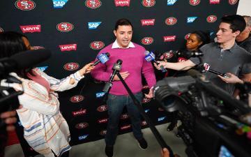 San Francisco 49ers owner Jed York speaks to reporters after a practice at the team's NFL football training facility in Santa Clara, Calif., Friday, Jan. 24, 2020.