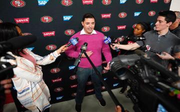 San Francisco 49ers owner Jed York speaks to reporters after a practice at the team's NFL football training facility in Santa Clara, Calif., Friday, Jan. 24, 2020. image link to story