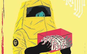 A person in a hazmat suit holding a brain labeled TOXIC. image link to story