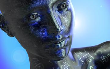 A detailed, metallic cyborg with illuminated blue features. image link to story