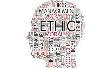 Word cloud in a head silhouette with ethics-themed words. image link to story