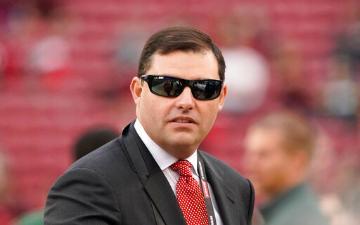 San Francisco 49ers owner Jed York watches players warm up before the NFL NFC Championship football game against the San Francisco 49ers Sunday, Jan. 19, 2020, in Santa Clara, Calif. (AP Photo/Tony Avelar)