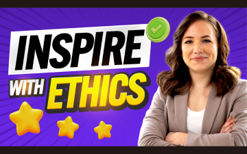 A woman smiling with arms crossed, standing next to the words, Inspire with Ethics. image link to story