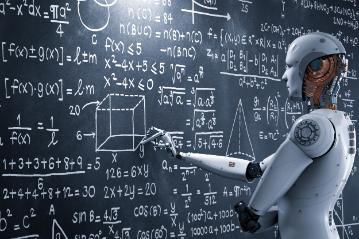A robot analyzing mathematical formulas on a blackboard. image link to story
