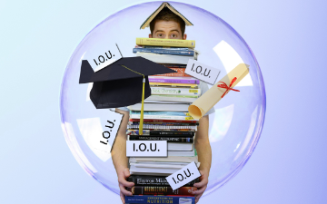 A student burdened by various educational expenses within a bubble. image link to story
