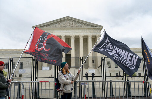 Abortion-rights protesters wave flags during a demonstration outside of the U.S. Supreme Court, Sunday, May 8, 2022, in Washington. (AP Photo/Gemunu Amarasinghe)